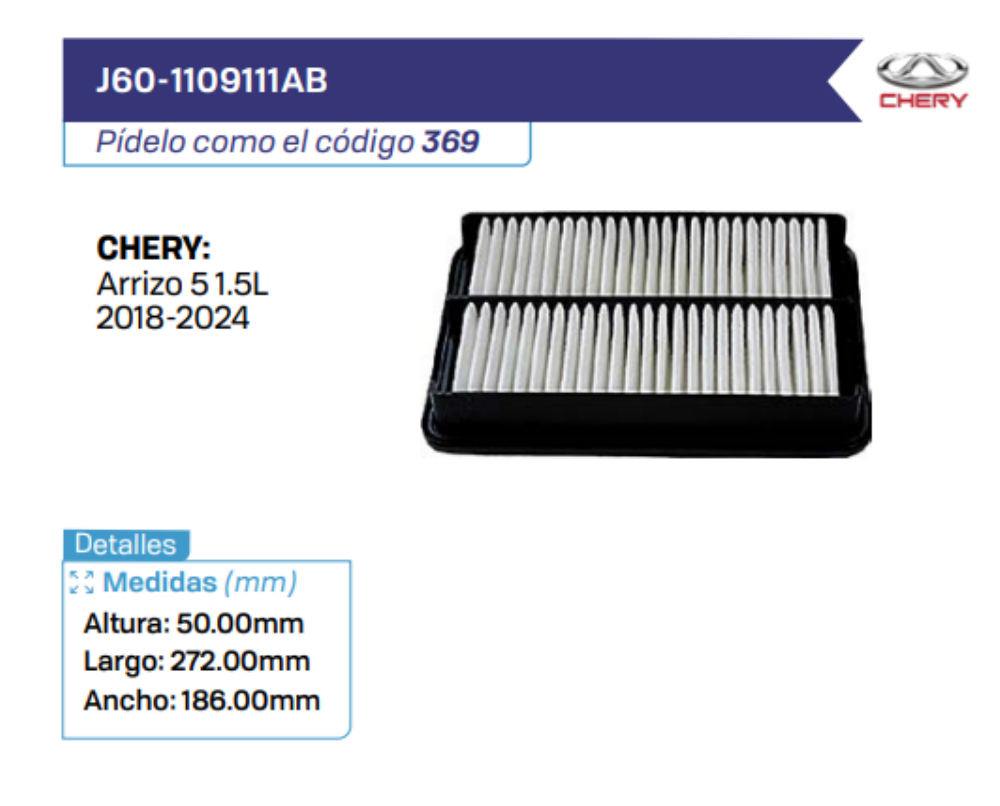 J60-1109111AB Filtros de aire CHERY