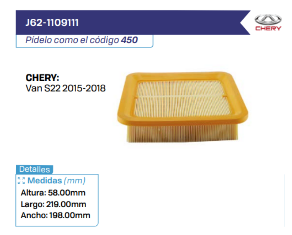 J62-1109111 Filtros de aire CHERY