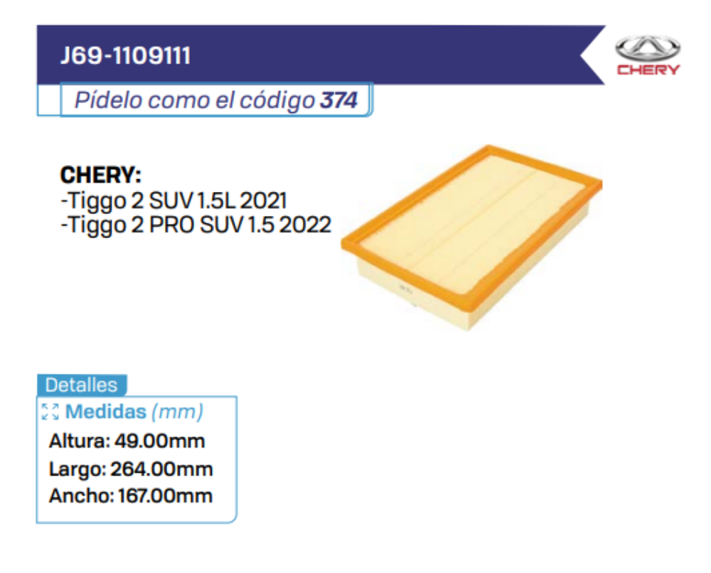 J69-1109111 Filtros de aire CHERY