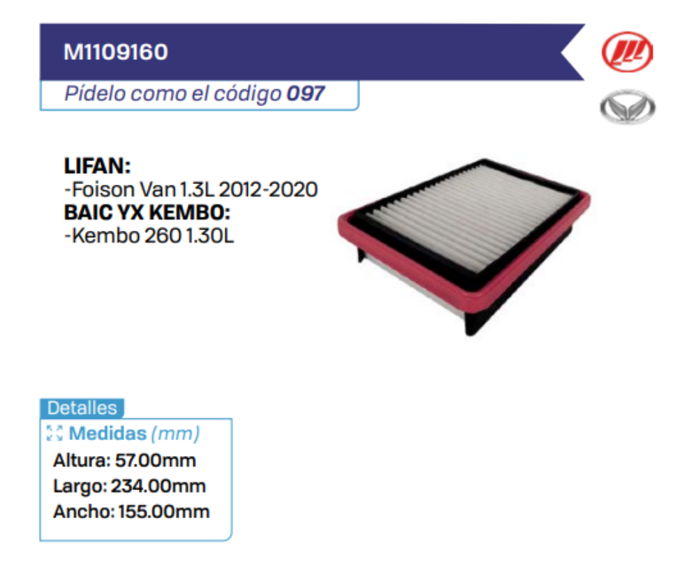 M1109160 Filtros de aire LIFAN - BAIC YX KEMBO