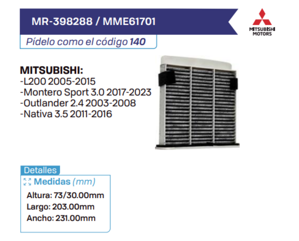 MR-398288 _ MME61701 Filtros de cabina MITSUBISHI
