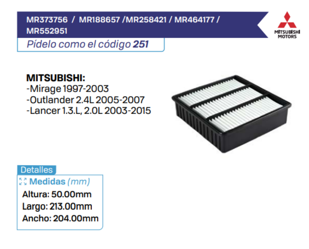 MR373756 _ MR188657 _MR258421 _ MR464177 _ MR552951 Filtros de Aire MITSUBISHI