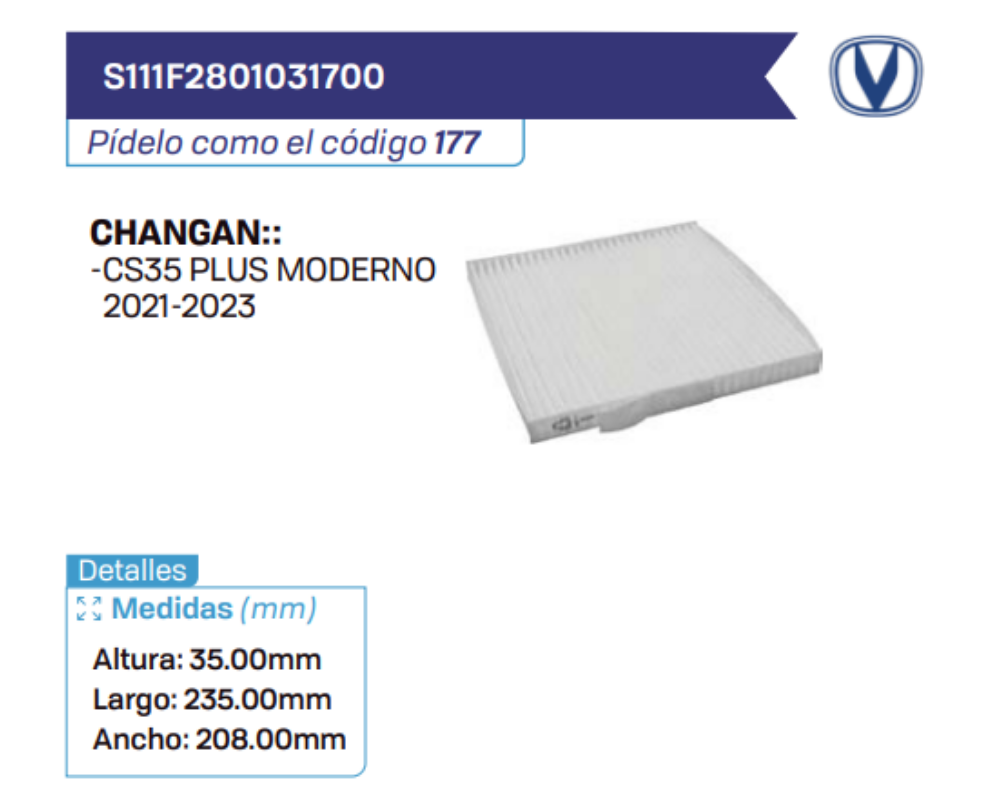 S111F2801031700 Filtros de cabina CHANGAN