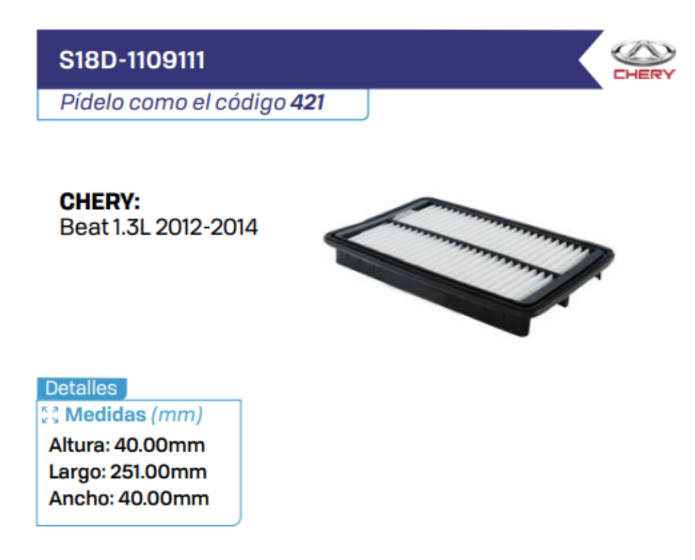 S18D-1109111 Filtros de aire CHERY