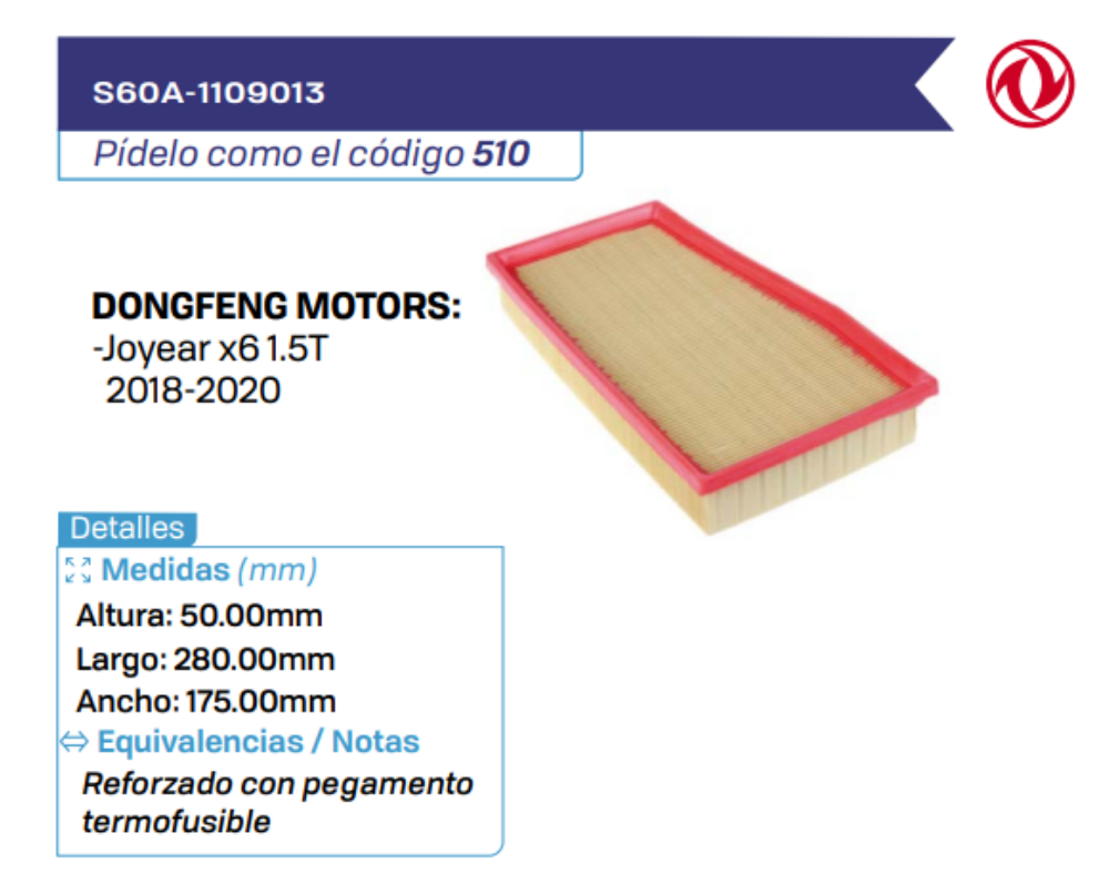 S60A-1109013 Filtros de aire DONGFENG MOTORS