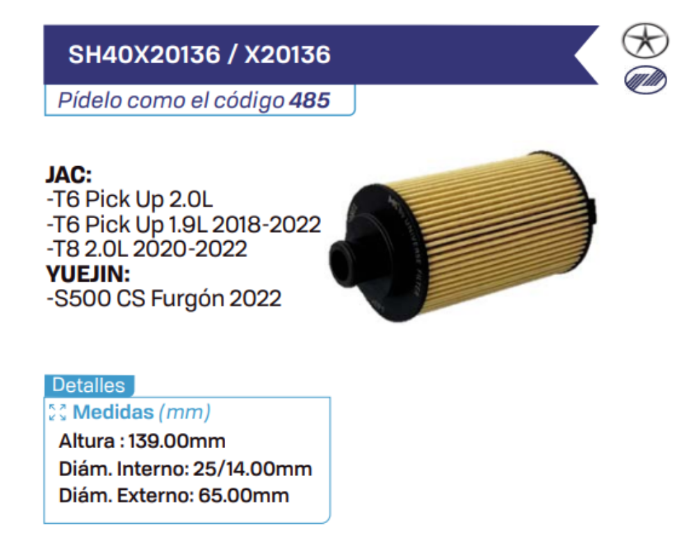 SH40X20136 _ X20136 Filtros de aceite JAC - YUEJIN