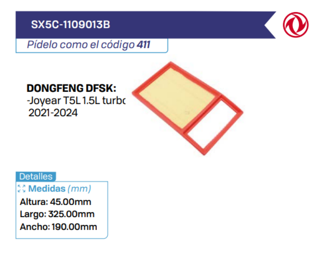SX5C-1109013B Filtros de Aire DONGFENG DFSK