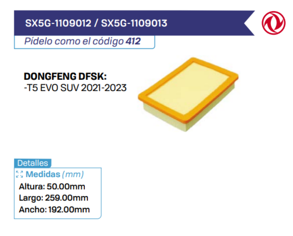 SX5G-1109012 _ SX5G-1109013 Filtros de Aire DONGFENG DFSK