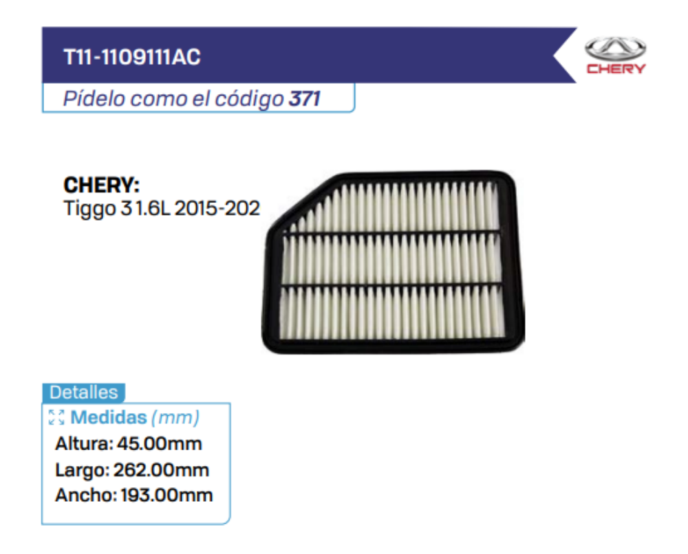 T11-1109111AC Filtros de aire CHERY