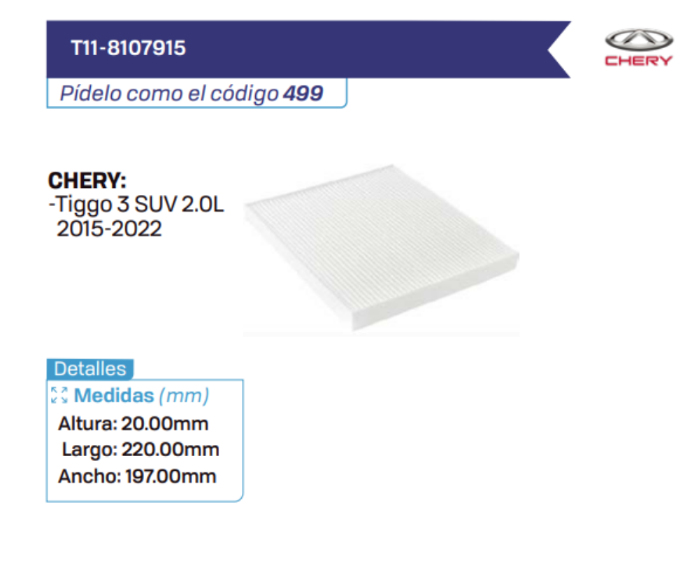 T11-8107915 Filtros de cabina CHERY