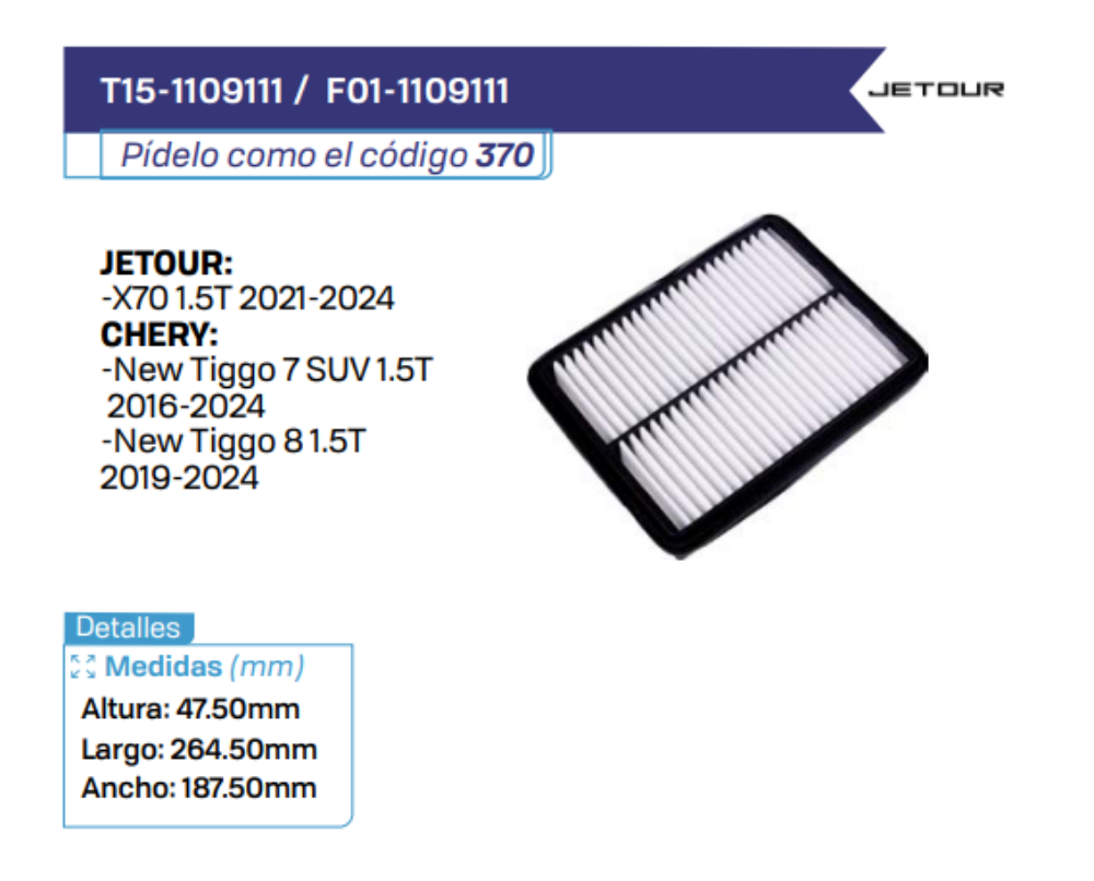 T15-1109111 _ F01-1109111 Filtros de aire JETOUR - CHERY