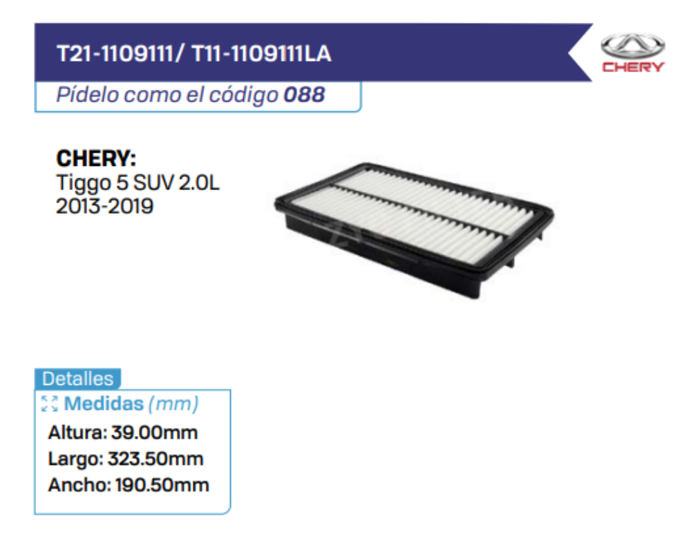 T21-1109111_ T11-1109111LA Filtros de aire CHERY